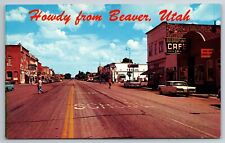 Vintage Postcard UT Beaver Howdy Old Cars Cafe Texaco Gas Station Chrome~13364 picture