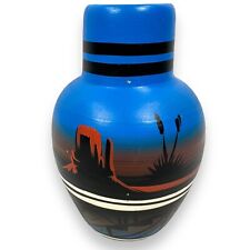 Vintage MCM Navajo Vase Mid Century Pottery Blue Painted Native American Signed picture