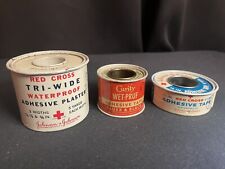 (3)Vintage Curity WET-PRUF Bauer & Black/Red Cross Adhesive Tape Metal Tin Spool picture