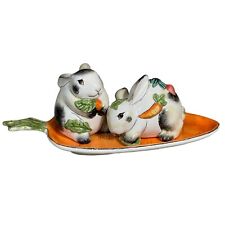 Fitz and Floyd Spotted Rabbit Set Salt & Pepper Shakers With Carrot Tray Easter picture