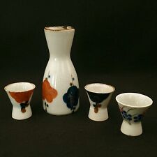 Vtg Japanese Porcelain Sake Set Bottle 3 Cups Hand Painted Flowers Crackle Glaze picture