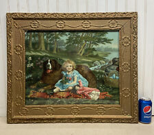 Vtg Antique St. Bernard Dog WIDE AWAKE Little Girl Print Ornate Framed picture