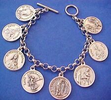 Custom Religious Saint Medal Charm Bracelet Lot PRAYERS Stainless Steel 8” C7 picture
