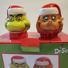 Dr Seuss NEW The Grinch & Max Santa Hat Sculpted Ceramic Salt & Pepper Shakers picture