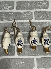 Ceramic Bird Ornament Lot Of 4 One Owl 3 Turtle Doves Painted Blue Floral picture