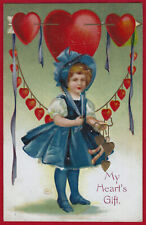 Clapsaddle Valentines Day Girl Bonnet Hearts on Arrow PC A/S Emb Kopal Vtg c1907 picture