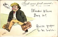 vintage postcard- first come first served man with suitcases posted 1906 picture