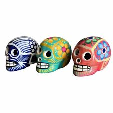 Set of 3 Ceramic Mexican Sugar Skull Hand Painted Glossy Traditional 2” each picture