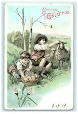 1907 Easter Greetings Children Collecting Eggs Basket With Lamb Antique Postcard picture