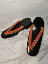 Vintage 50s 60s Japanese Geta Geisha Shoes Wooden Sandals Black Lacquer Orange picture