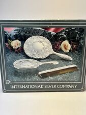 New International Silver 3 Pc Vanity Dresser Set Silver Plated Comb Brush Mirror picture