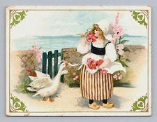 No Ad Trade Card Girl With Flowers Geese Sea View Wooden Shoes picture