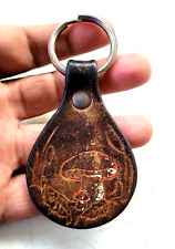 Vintage Weathered Patina Leather Keychain Hippie Magic Mushroom Key Fob picture