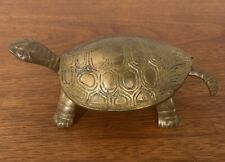 1960s Cast Brass Turtle Trinket Box/Ashtray/ Decor-Hinged Lid 6.75” Long- Ornate picture