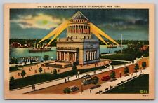 Postcard NY Grants Tomb And Hudson River By Moonlight Linen A11 picture