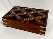 Anglo-Indian Large Carved Wooden Brass Leaf Floral Inlay Jewelry Box Hinged 12” picture