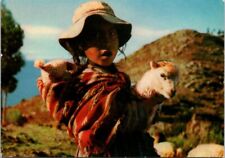 VINTAGE CONTINENTAL SIZE POSTCARD YOUNG LLAMA SHEPHERDESS IN PUNO PERU 1973 picture