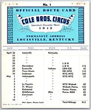 1942 Cole Bros Circus Route Card Illinois Iowa Kentucky picture