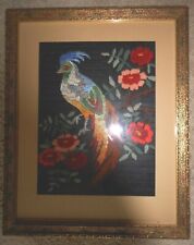 Beautiful Vintage Needlework Picture Bird floral Black Red Blue Farmhouse Framed picture