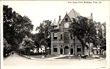 C. 1940s Corner Street View Van Dyne Civic Building Troy PA Postcard Clock Canon picture