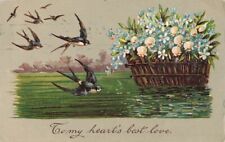 c1910  Birds Flying Swallows Forget Me Nots Basket Valentines Day P465 picture