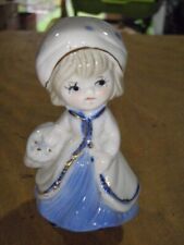 VINTAGE TAIWAN FIBA PORCELAIN FIGURINE BLUE WHITE GOLD TRIM GIRL WITH BASKET  picture