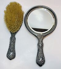 Antique 1891 Silver plate set Hand Mirror & Brush Monogram On Back picture