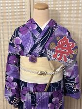 Japanese traditional yukata/summer kimono(purple base with clover) Full Set picture