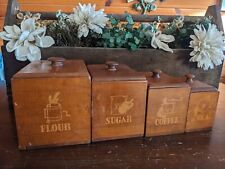 Vintage Farmhouse Primitive Wooden Flour, Sugar, Coffee and Tea Canisters picture