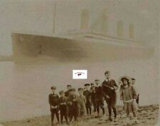 CHILDREN AT PLAY WITH RMS OLYMPIC IN BACKGROUND IN MIST REPRINT PHOTO picture