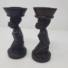 Vintage Pair  Hand Carved African Art Wood Candle Sticks Holders 6