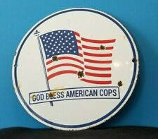 VINTAGE AMERICAN PORCELAIN USA FLAG GOD BLESS POLICE COPS GAS STATION PUMP SIGN picture
