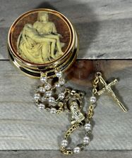 White Bead & Gold Rosary with Pieta Metal Case Catholic 5 Decade Small Elegant picture