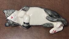 N.s. Gustin Co. Sleeping Cat Figurine Ceramic 13” Black & White Hand Painted USA picture