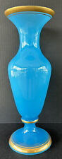 Antique French Blue Opaline Glass Vase 15” Gold Rim picture
