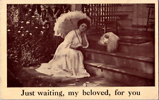 Vintage 1911 Lonely Woman Missing Her Lover Parasol Dress Theresa NY Postcard picture