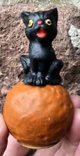 Antique Halloween 3” German Black Cat On A Pumpkin Halloween Cat Pumpkin Beauty picture