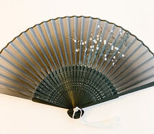 Dark Grey Colored Silk Hand Fan Handheld Folding Fan in Plum Flower Print Design picture