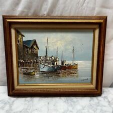 Ships in the Harbor Fishing Boats Original Oil Painting by W. Jones Signed 20x17 picture