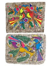 Vintage Mexico Paintings Bright Colorful Birds Mexican Folk Art Bark Paper. picture