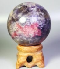 169g Natural Lepidolite Purple Mica &Red Tourmaline Sphere Crystal Ball/Stand picture