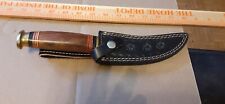USED-UNBRAND--Fixed Blade WOOD AND BRASS Handle Knife, w/ Sheath-CASE--K-BAR picture