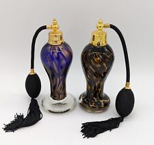 Pair of Art Glass Perfume Bottles with Atomizers Purple Gold & Black Sparkle picture