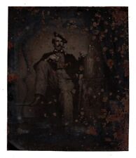 C. 1860s 1/6TH PLATE TINTYPE MAN DRINKING FROM KEG AND SMOKING CIGAR LAID BACK picture