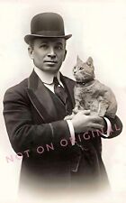 Vintage 1910's Photo Reprint of a Man Wearing Bowler Hat Holding his CAT Kitty picture