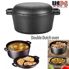 2 in 1 5 Quart Cast Iron Double Dutch Oven Skillet 5-Quart Non-Stick Cooking Pot picture