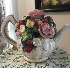 Fitz & Floyd Strawberries Flowers & Roses Tea Gold Trim Pot Summertime Garden picture