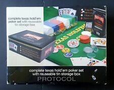 PROTOCOL TEXAS HOLD EM POKER SET  BRAND NEW TIN BOX W/ CHIPS, FELT SURFACE CARDS picture