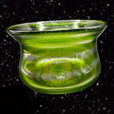 Hand Blown Art Glass Bowl Dish With Clear Green Strips Optic Small Bubbles 7”W picture