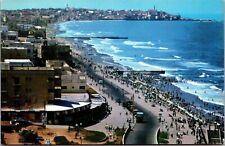 Vtg Tel Aviv Israel Sea Shore Street View Old Cars Crowded Beach Postcard picture